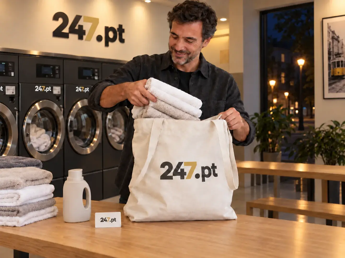 Visualização conceptual de sacos de roupa e objetos do dia a dia com 247.pt