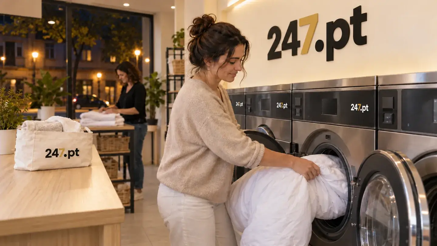 Visualização conceptual de uma pessoa adulta numa lavandaria self-service com máquinas identificadas com 247.pt