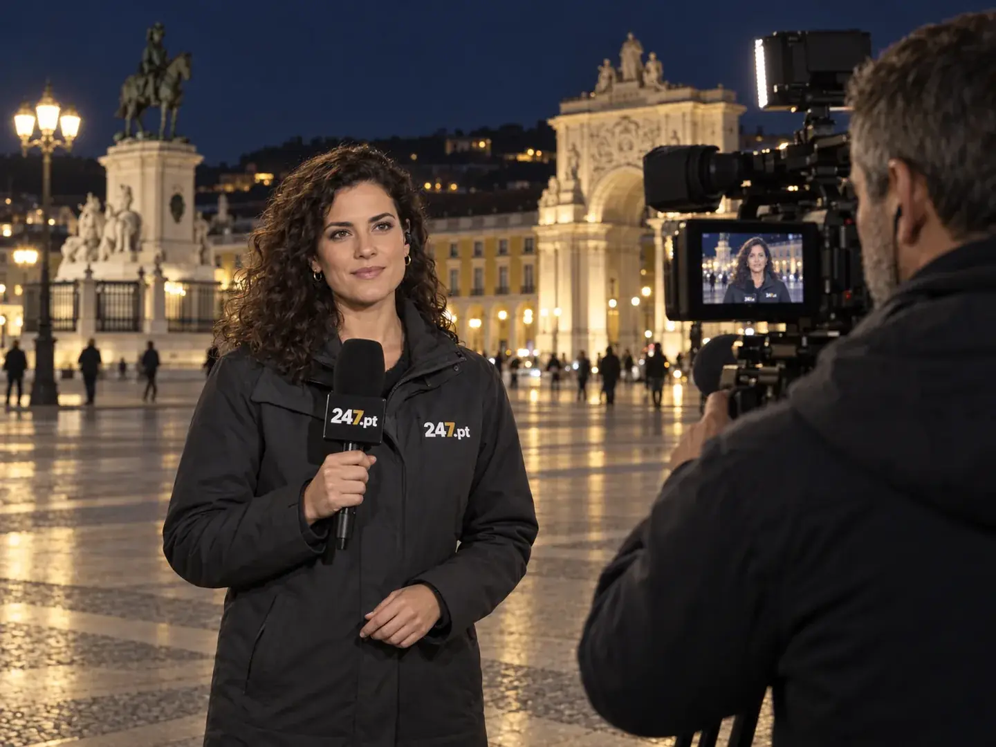 Visualização conceptual de microfones e equipas de reportagem com 247.pt