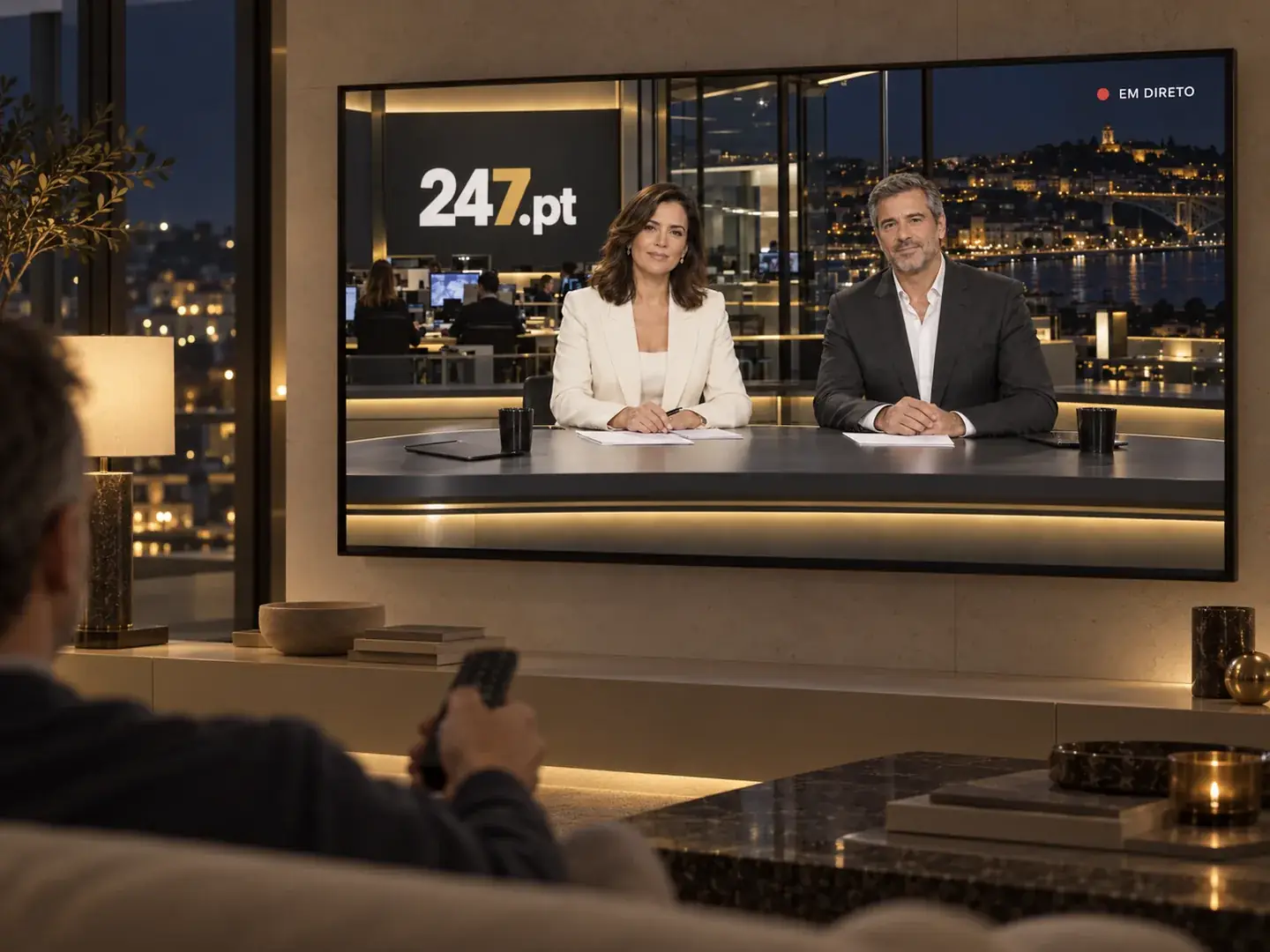 Visualização conceptual de televisão em direto e plataformas digitais com 247.pt