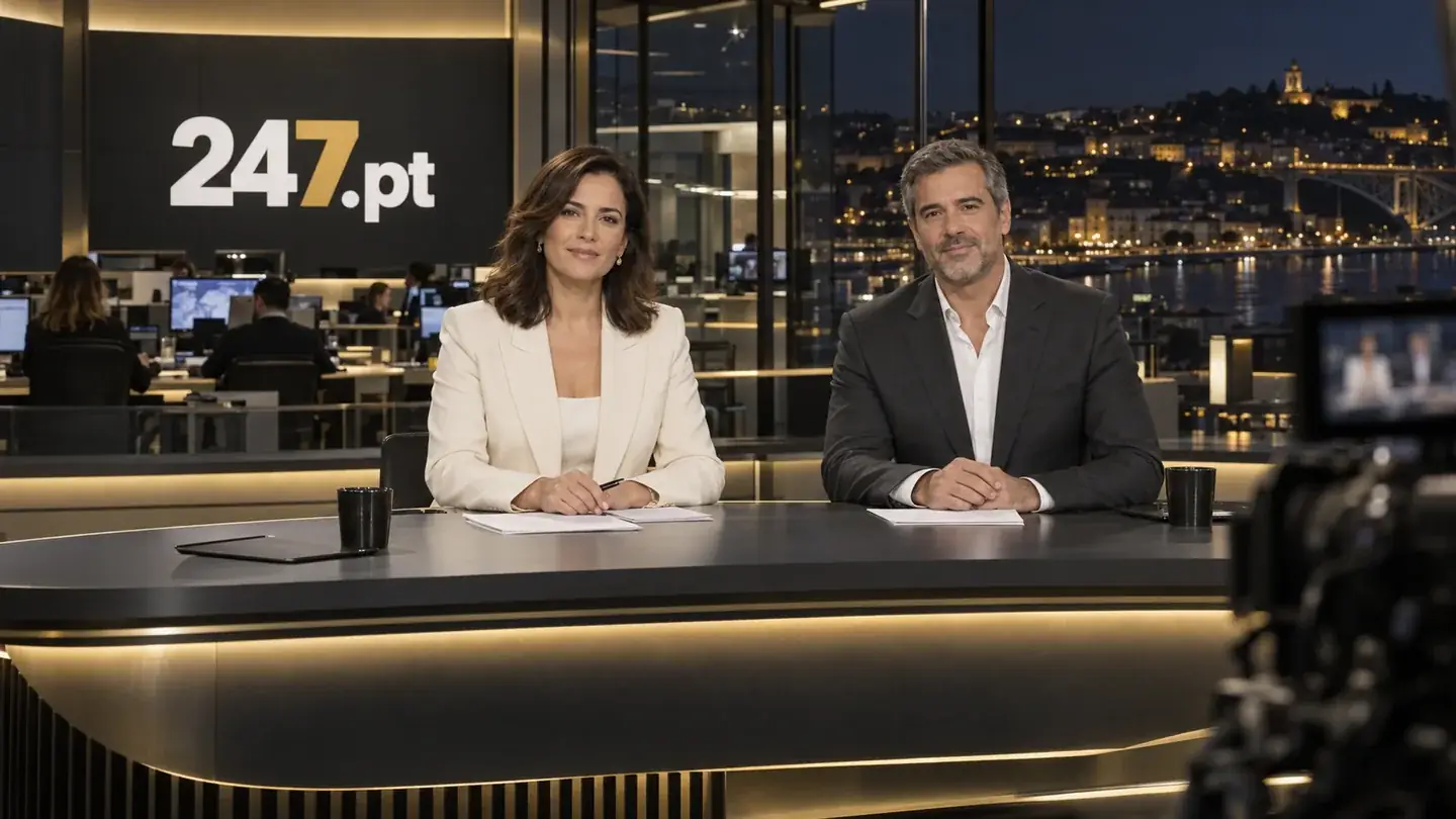 Visualização conceptual de um estúdio televisivo de notícias 247.pt com redação e cidade à noite