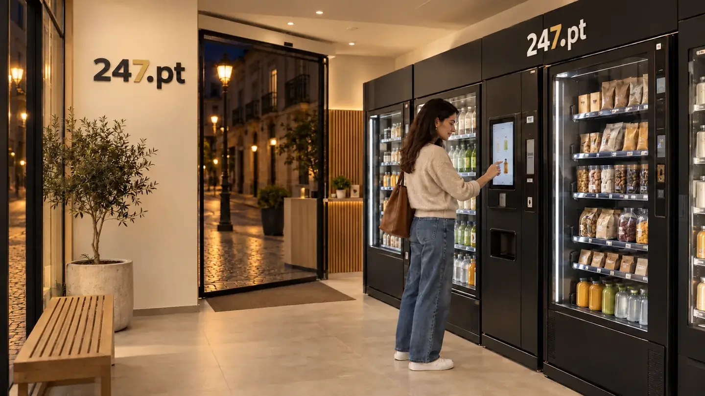 Visualização conceptual de uma pessoa adulta numa loja com máquinas de venda automática com 247.pt